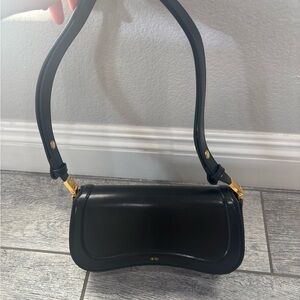 Black Leather Shoulder Bag with Gold Hardware
